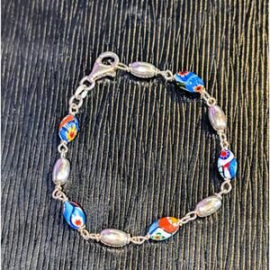 925 Italy Sterling Silver Millifiore Glass Sterling Bead Bracelet
